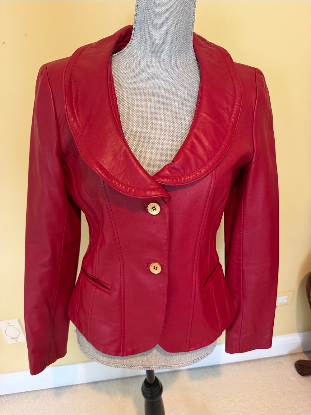 Anne Klein Red Leather Shawl-Collar Jacket